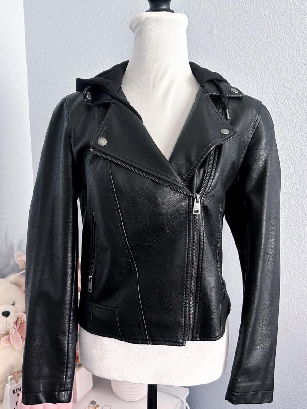 Levi Black Faux Leather Hoodie Moto Jacket